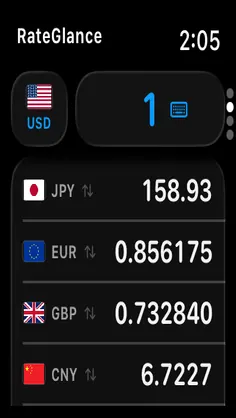 RateGlance currency calculator on a right-facing Apple Watch