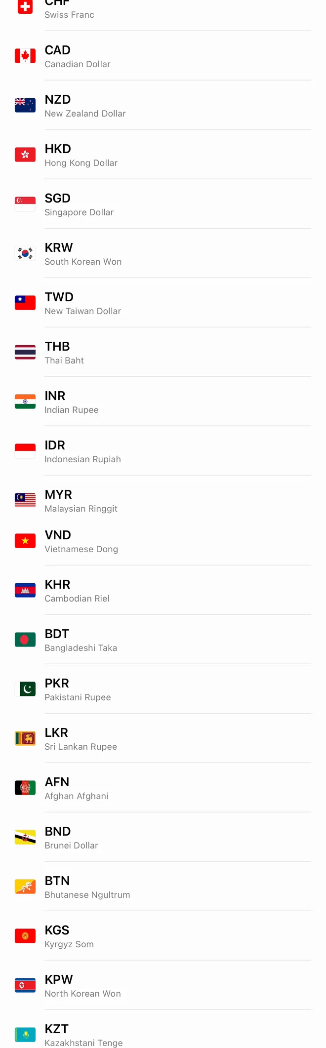 Real RateGlance currency selection and search screen in an iPhone facing the copy