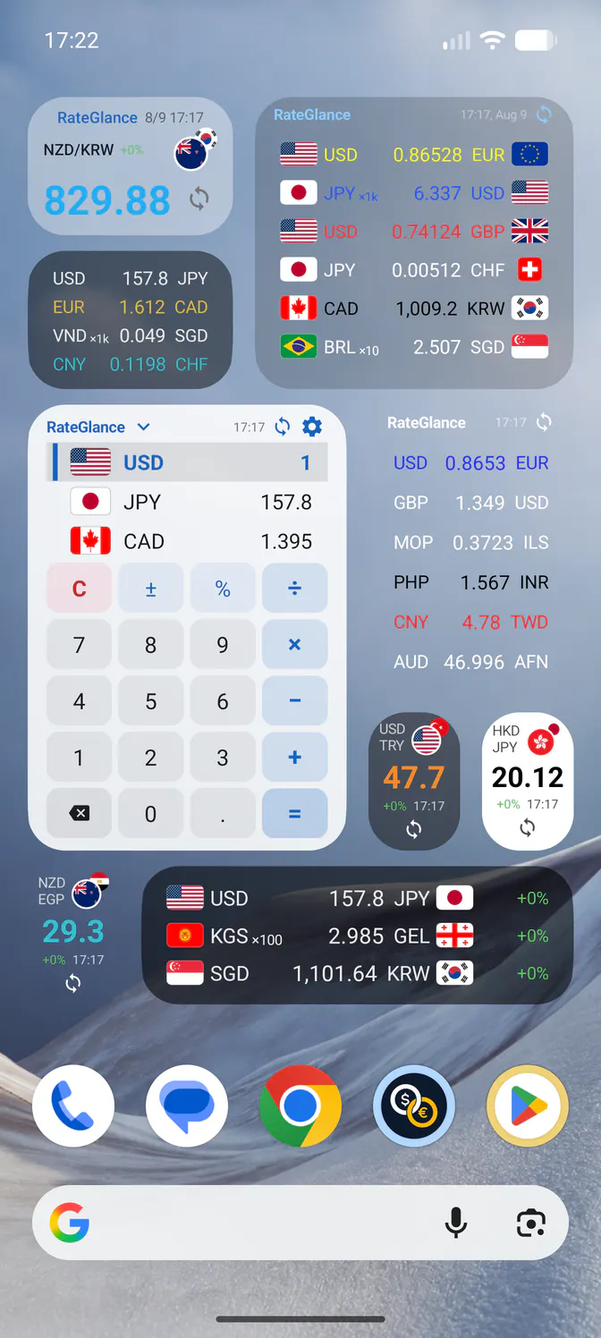 RateGlance exchange rates on an Android phone
