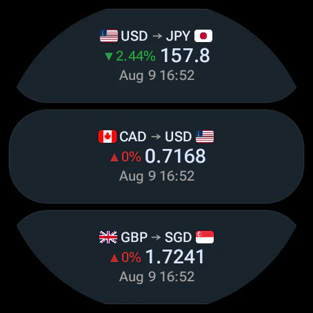 RateGlance multi-pair Tile on a left-facing Wear OS watch