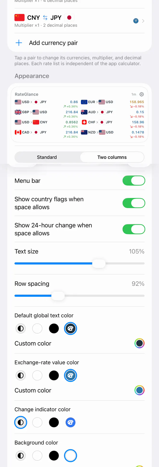 Real RateGlance widget settings controls in an iPhone facing the copy