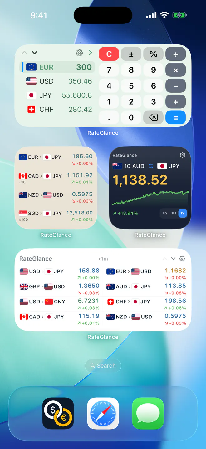 RateGlance widgets on an iPhone Home Screen